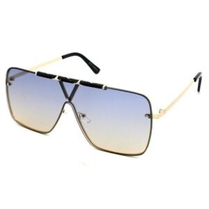 Oversized Shield Sunglasses Fashion Blue Yellow Lens Gold Frame UV400 Protection